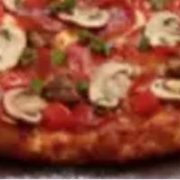 Italian Garlic Supreme Pizza · Pepperoni, Italian sausage, tomatoes, mushrooms, green onions and lots of garlic on our crea...