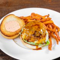 Teriyaki Cheeseburger with Sweet Potato Fries · Teriyaki Burger, topped with a Cheddar & Jack mix, on Artisan Buns, Butter Lettuce, Tomato, ...
