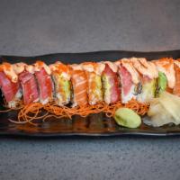 S3. Rainbow Roll · Crab meat, cucumber on the inside and tuna, salmon and avocado on the top.