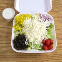 Garden Salad · Lettuce, tomatoes, onions, mild peppers, black olives and mozzarella cheese.