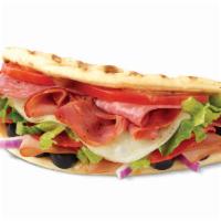 Classic Italian Flatbread · Pepperoni, salami, capicola, ham, provolone, black olives, lettuce, tomatoes, onions, red wi...