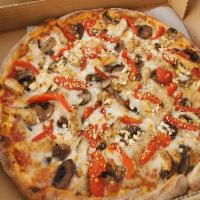 Tuscan Chicken Pizza · grilled chicken, roasted red peppers, mushrooms & goat cheese