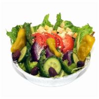 Caesar Salad · Romaine lettuce, tomatoes, onions, green peppers, cucumbers, croutons, Kalamata olives ,pepp...
