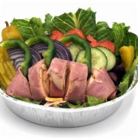 Chef's Salad · Crisped lettuce, cucumbers, tomatoes, onions, green peppers, olives, pepperoncini, ham, turk...