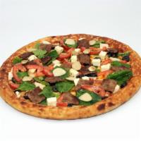 Mover's Greek Pizza · Gyro meat, feta cheese, spinach, black olives, fresh sliced tomatoes and garlic, topped with...