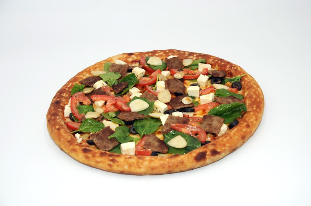 Mover's Greek Pizza · Gyro meat, feta cheese, spinach, black olives, fresh sliced tomatoes and garlic, topped with extra cheese and fresh oregano. 