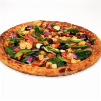 Mediterranean Pizza · Chicken breast, black olives, feta cheese, red onions, fresh sliced tomatoes, garlic, spinac...