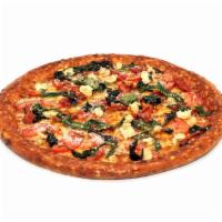 Margherita Pizza · Extra virgin olive oil, garlic, basil leaves, tomatoes, fresh oregano with special blend of ...