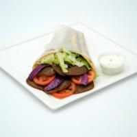Lamb gyro · Served with gyro sauce on pita bread with lettuce, tomato and onion.