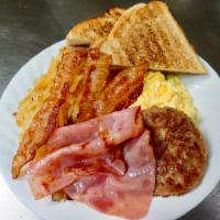 Big Breakfast Platter · Sausage, bacon, ham, scrambled eggs with cheese, home fries, and toast.
