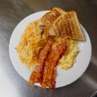 Meat & Egg Platter · Meat, scrambled eggs with cheese, home fries, and toast.
