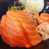 Sake Don · Fresh salmon on a bed of sushi rice. Served with miso soup.