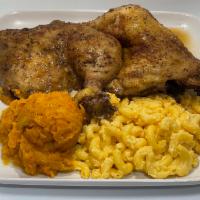 Two Chicken Leg Quarters Platter · Oven-baked rotisserie-style. House seasoned. Two pieces of leg quarters. Comes with two side...