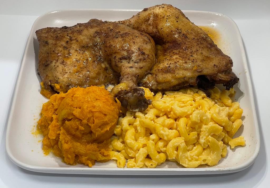 Two Chicken Leg Quarters Platter · Oven-baked rotisserie-style. House seasoned. Two pieces of leg quarters. Comes with two sides of your choice. 