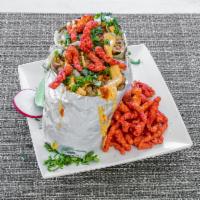 Hot Cheetos Burrito · Choice of meat, rice, and beans, onions, cilantro, salsa, cheese, sour cream, nacho cheese, ...