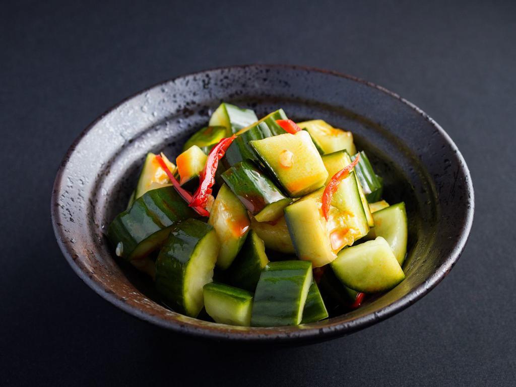 Crushed Full Belly Farms Cucumber Skins  (VG, GF) by China Live Signatures · By China Live Signatures. With Chili Garlic Vinaigrette. Contains nightshades. We cannot make substitutions.