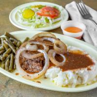Hamburger Steak with Onions Hot Plate · Grilled or fried patty on a bun. 
