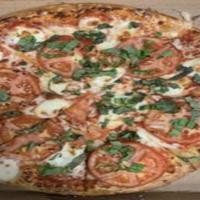Margherita Pizza · Fresh basil, fresh garlic, olive oil, fresh slice tomato, fresh mozzarella, mozzarella chees...