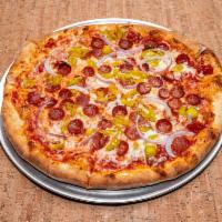 Abruzzo Pizza · Crushed tomato, mozzarella, pepperoni, pepperoncini, red onion.