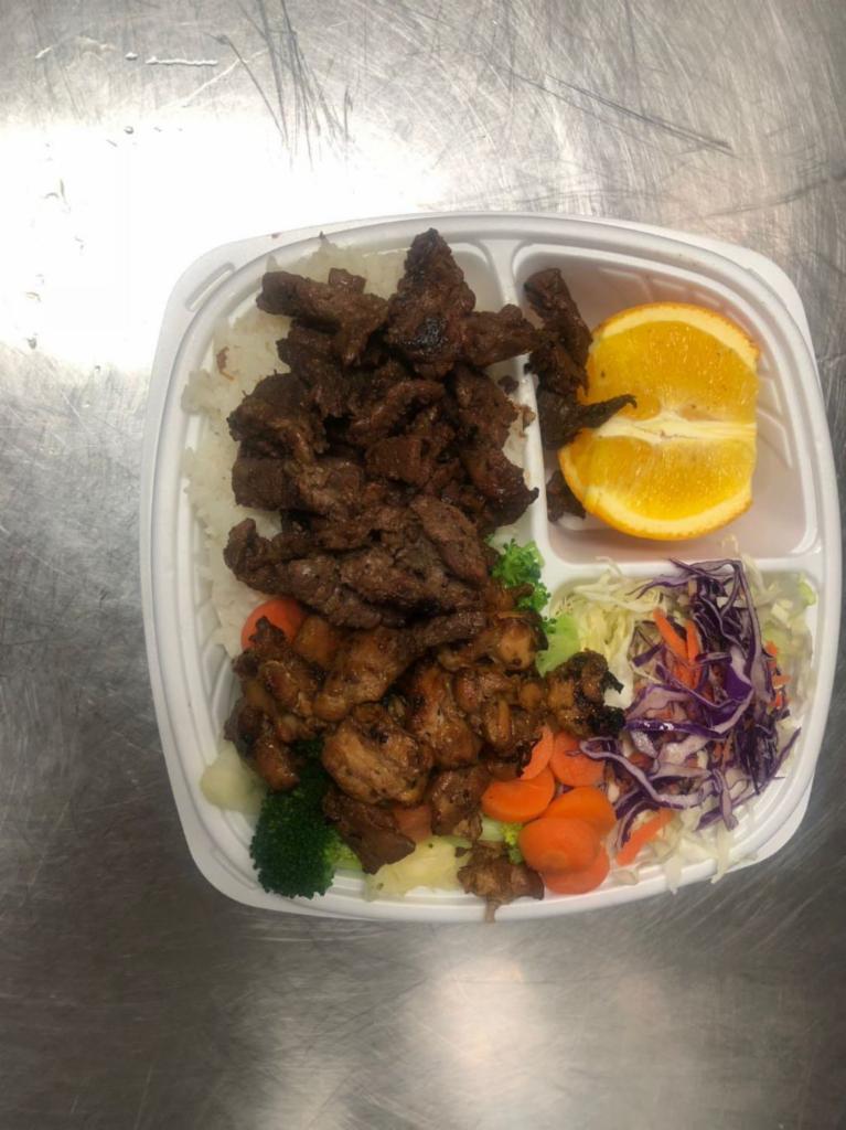 Chicken and Beef Plate · Your favorite Magic sauce is now available for sale in a 6oz bottle. Find it under Extra or Sides.  The Flame Broiler sauce-basted antibiotics free Chicken, and Angus Beef served over any combination of White Rice, Brown Rice, and Steamed Veggies with a side of salad and orange.
