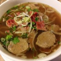 Pho Steak · Rice noodle soup with Rib Eye, banana shank, and brisket.   Served with bean sprout and basi...