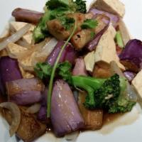 Eggplant with Tofu and Brocolli · Wok-fried eggplant and broccoli with soft tofu.