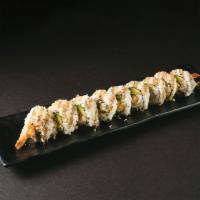 Crunch Roll · Shrimp tempura, crab salad and avocado topped with crunch flakes and unagi sauce.