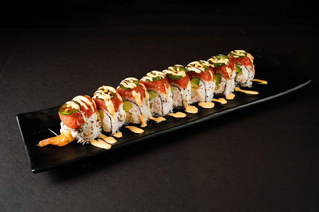 Firecracker Roll · Shrimp tempura, crab salad and avocado topped spicy tuna, jalapeno and crunch flake drizzled spicy mayo and unagi sauce and jalapeno on top.