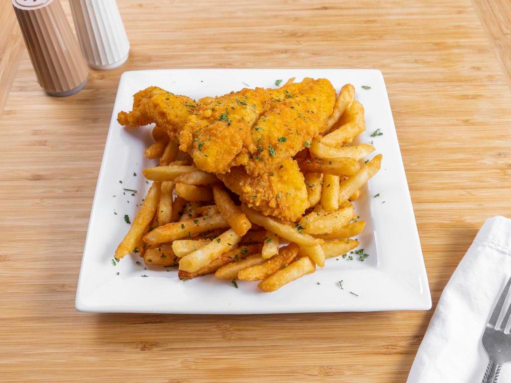 Fish Dinner · 2 pieces whiting or catfish (for an additional charge) lightly breaded and fried, grilled, or blackened.  Served with 1 side of your choice.