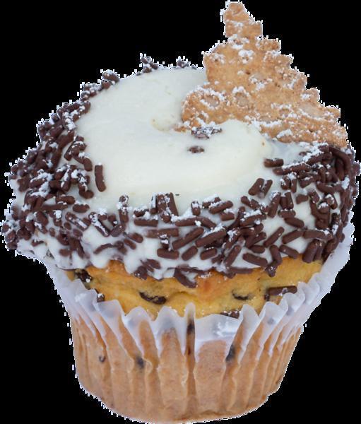 Cannoli Cupcake · A chocolate-chip vanilla cupcake, topped with our chocolate-chip cannoli buttercream, dusted with powdered sugar, rolled in chocolate sprinkles and topped with a cannoli shell chip.