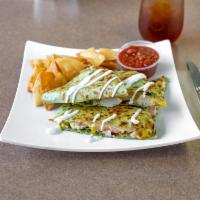 Chicken Quesadilla · Grilled Chicken, Pepper Jack, Cheddar, Sliced Tomato melted in a grilled Spinach Flour Torti...