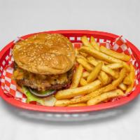 1/4 lb. Cheeseburger · Grilled or fried patty with cheese on a bun. Angus beef, American cheese, lettuce, tomato, o...