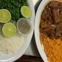 Birria plate · With Birria Meat, Rice, Beans and Corn Tortillas
