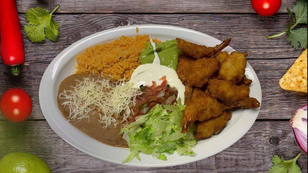 Camarones Empanizados · Breaded shrimp plate, rice beans and salad and tortillas
