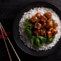 Ma Po Tofu Lunch Bowl · Crispy silken tofu, spicy red chili sauce, steamed broccoli
