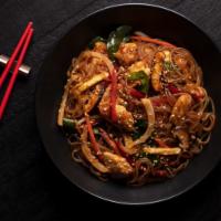 Korean Glass Noodles · Sweet potato glass noodles, onion, shiitakes, bell pepper, egg, sweet-spicy sauce
