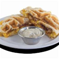 Chicken Cheese Biscuit · Chicken tenders, pepper jack cheese, cheddar cheese, waffled biscuit, served with a side of ...