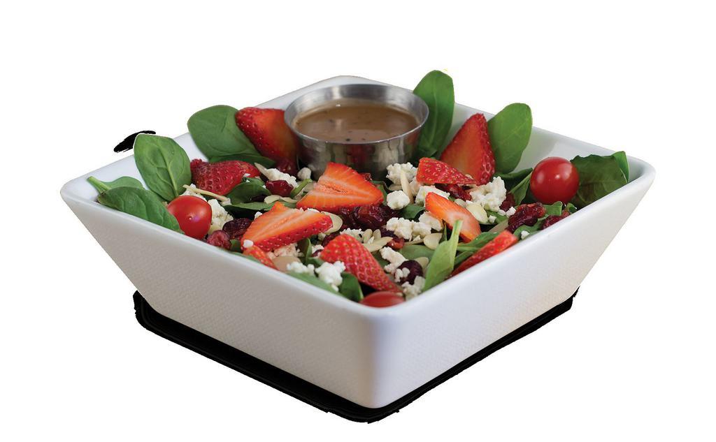 Spinach Strawberry Salad · Bed of spinach topped with feta cheese, strawberries, dried cranberries and slivered almonds, grape tomatoes, served with a side of balsamic vinaigrette. Add-ons for an additional charge.