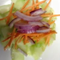 Cucumber Salad · Fresh cucumbers, red onions, carrots with sour dressing. 