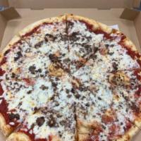 Buenas Pizza · Mozzarella cheese topped with ground beef, jalapenos, pepperoni, mushrooms, and onions.