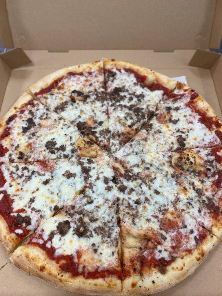 Buenas Pizza · Mozzarella cheese topped with ground beef, jalapenos, pepperoni, mushrooms, and onions.