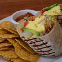 Everybody's Favorite Burrito · Scrambled eggs, breakfast potatoes, pico de gallo, cheddar, pork sausage, bacon and avocado....