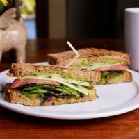 Pesto Veggie Sandwich · Pesto, provolone, roasted red peppers, cucumbers and 