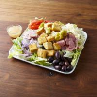 Antipasto Salad · Fresh crisp lettuce, topped with ham, salami, cheese, tomatoes, red onions, pepperoncini pep...