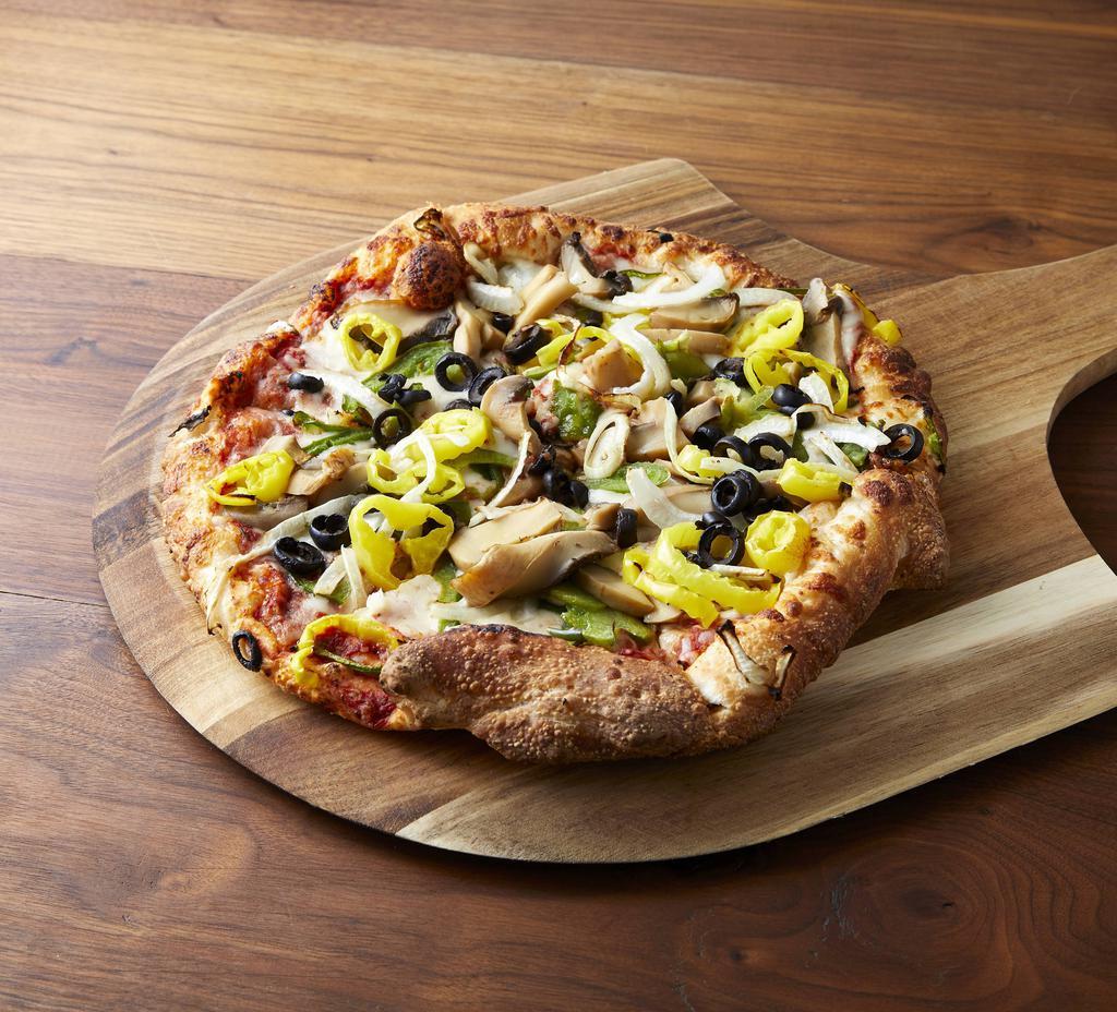 Veggie Pizza · Green peppers, onions, black olives, banana peppers and mushrooms.