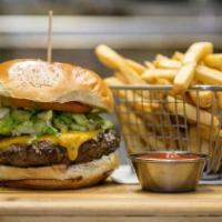 Classic Burger · 8oz Burger Patty.  Creekstone Dry aged burger,  seasoned french fries, comes with lettuce, t...
