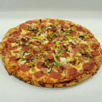 Deluxe Pizza · Cheese, pepperoni, bacon, ham, Italian sausage, beef hamburger, onion, olives, green pepper,...