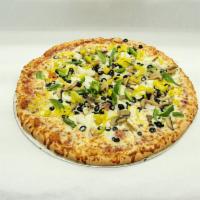 Veggie Pizza · Cheese, onion, olives, green pepper, mild pepper, mushrooms.