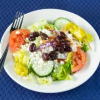 Greek Salad · Romaine lettuce, tomato, carrot, cucumber, feta cheese, Kalamata olive, pepperoncini, Greek ...