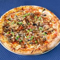 The Madison Square Pie large  (sicilian) · Large. Thick crust. Sicilian pizza with pepperoni, sausage, mushroom, green pepper, red onio...